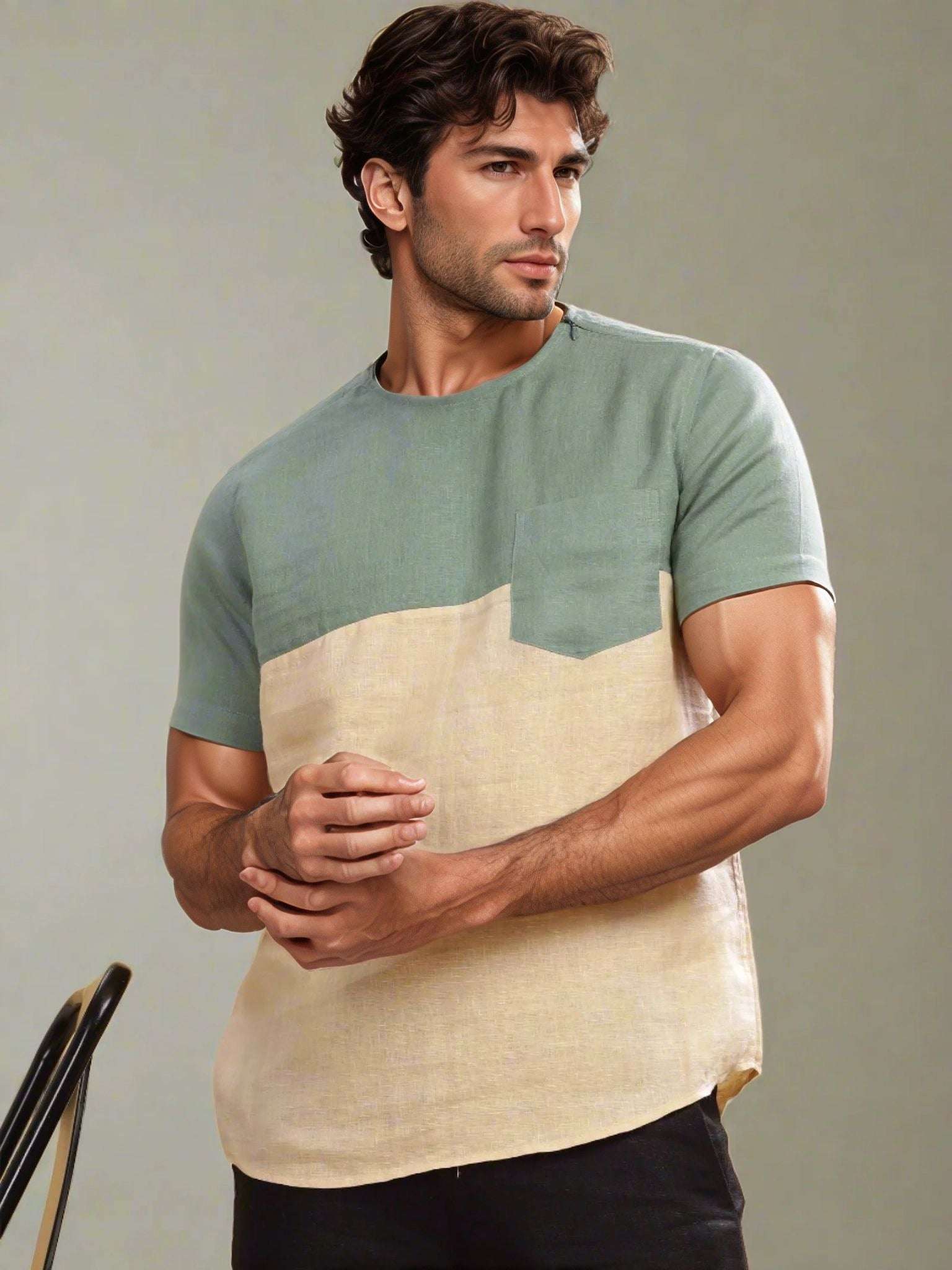 Zach Smoke Green & Light Tea Yellow Linen T-Shirt – Short Sleeve