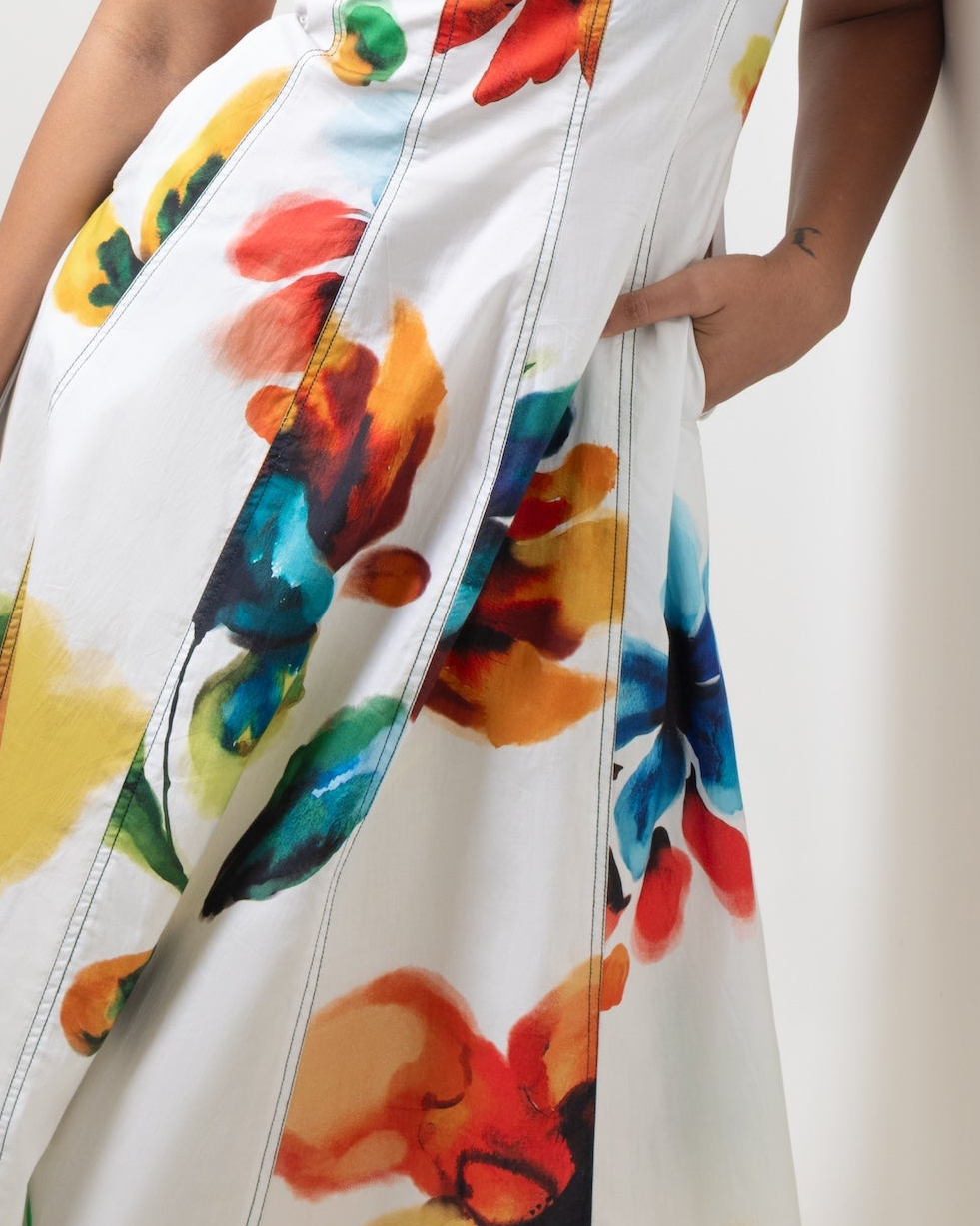 White Multi Floral Sleeveless Midi Dress