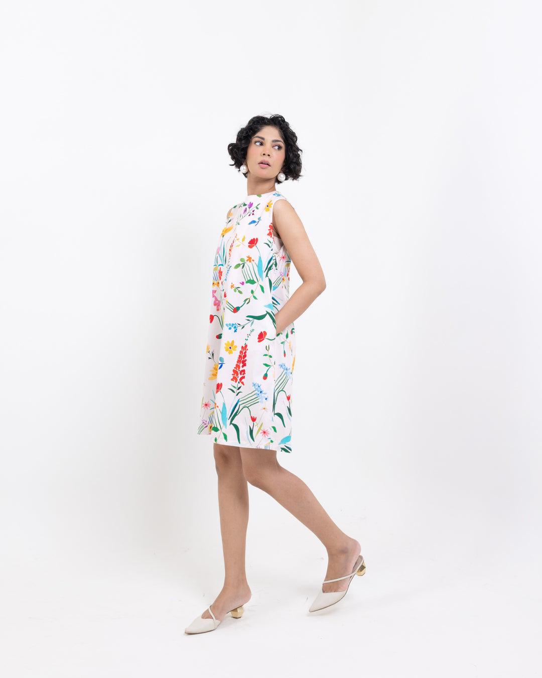 Floral Elegance Sleeveless Cotton Dress – White Short Summer Dress for Women