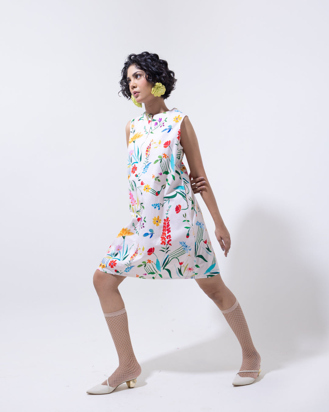 Floral Elegance Sleeveless Cotton Dress – White Short Summer Dress for Women