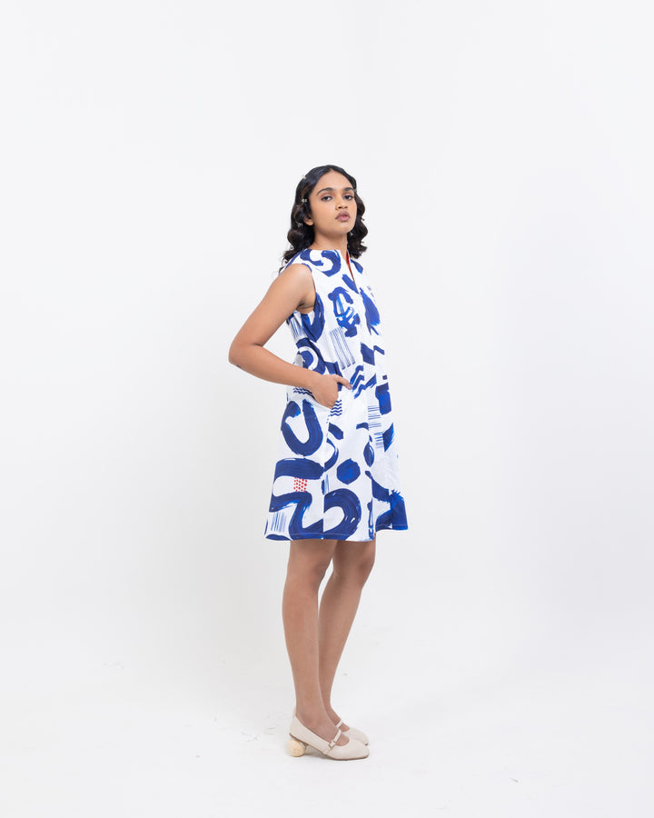 Abstract Indigo Sleeveless Cotton Dress – Short Indigo Blue Dress for Women