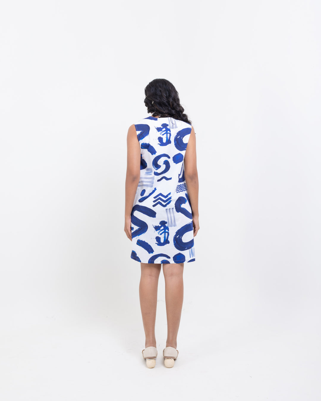 Abstract Indigo Sleeveless Cotton Dress – Short Indigo Blue Dress for Women