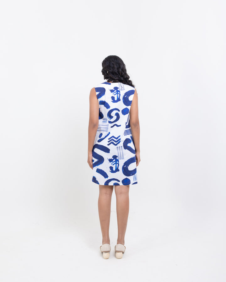 Abstract Indigo Sleeveless Cotton Dress – Short Indigo Blue Dress for Women