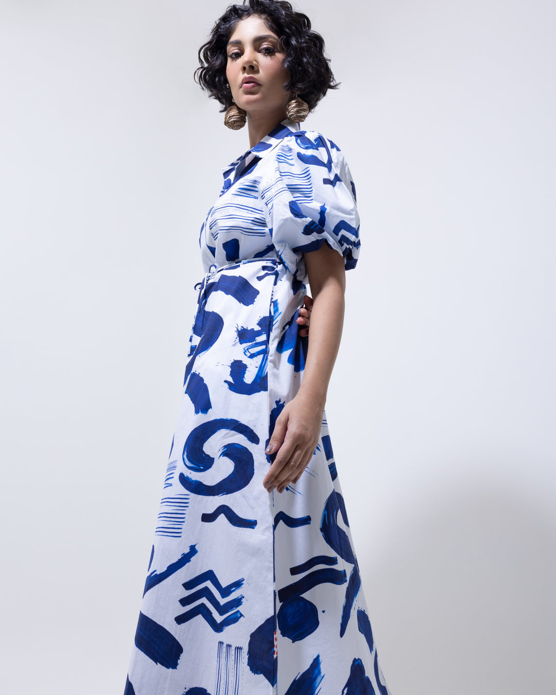 Abstract Indigo Cotton Shirt Dress – Indigo Blue Midi Dress for Women