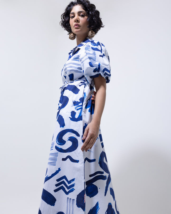 Abstract Indigo Cotton Shirt Dress – Indigo Blue Midi Dress for Women