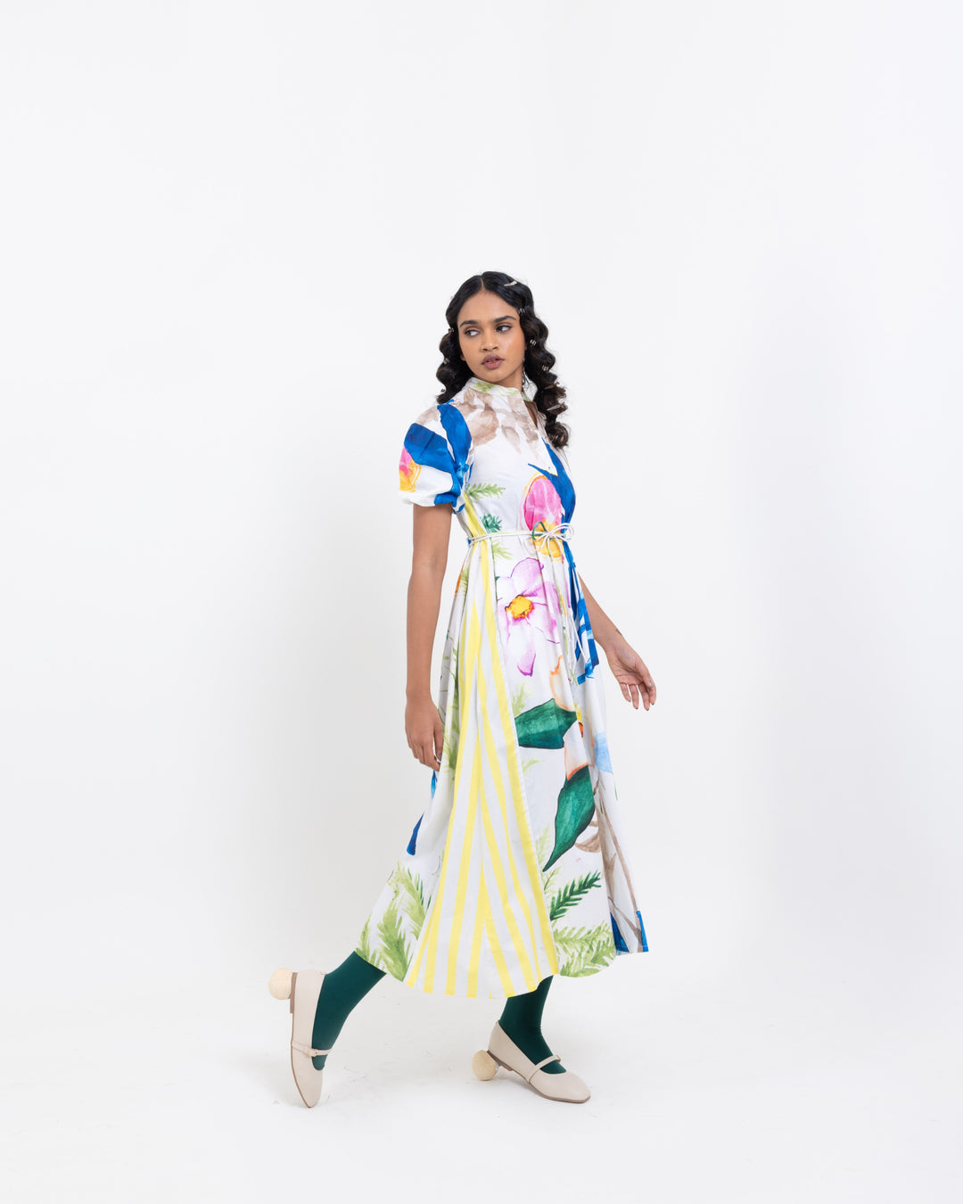 Floral Canvas Cotton Midi Dress – Multi-Colour Elegant Women’s Dress with Belt