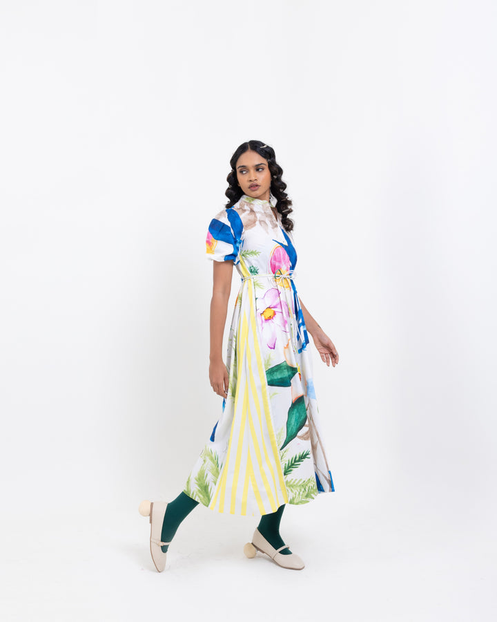 Floral Canvas Cotton Midi Dress – Multi-Colour Elegant Women’s Dress with Belt