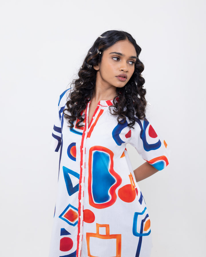 Abstract Art Cotton Shirt Dress – Multi-Colour Short Dress for Women
