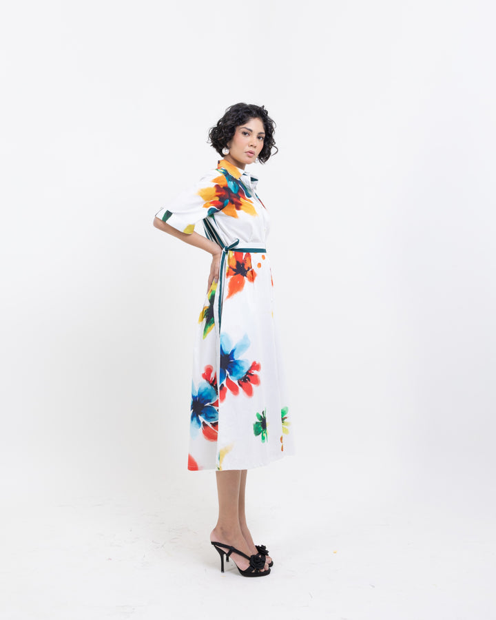 Floral Hand Printed Cotton Midi Dress with Belt – Elegant White Drop Waist Dress