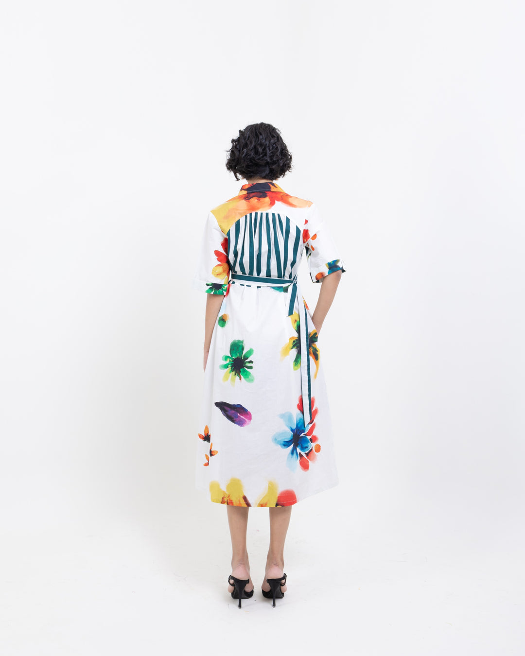 Floral Hand Printed Cotton Midi Dress with Belt – Elegant White Drop Waist Dress