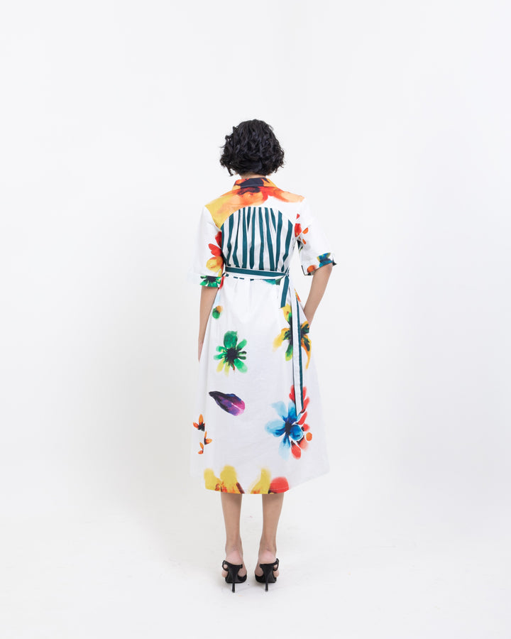 Floral Hand Printed Cotton Midi Dress with Belt – Elegant White Drop Waist Dress
