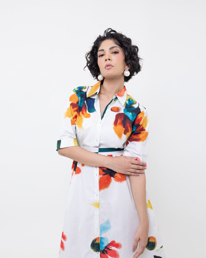 Floral Hand Printed Cotton Midi Dress with Belt – Elegant White Drop Waist Dress