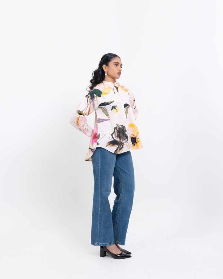 Artistic Floral Hand Printed Cotton Shirt – Multi-Colour Women’s Casual Shirt