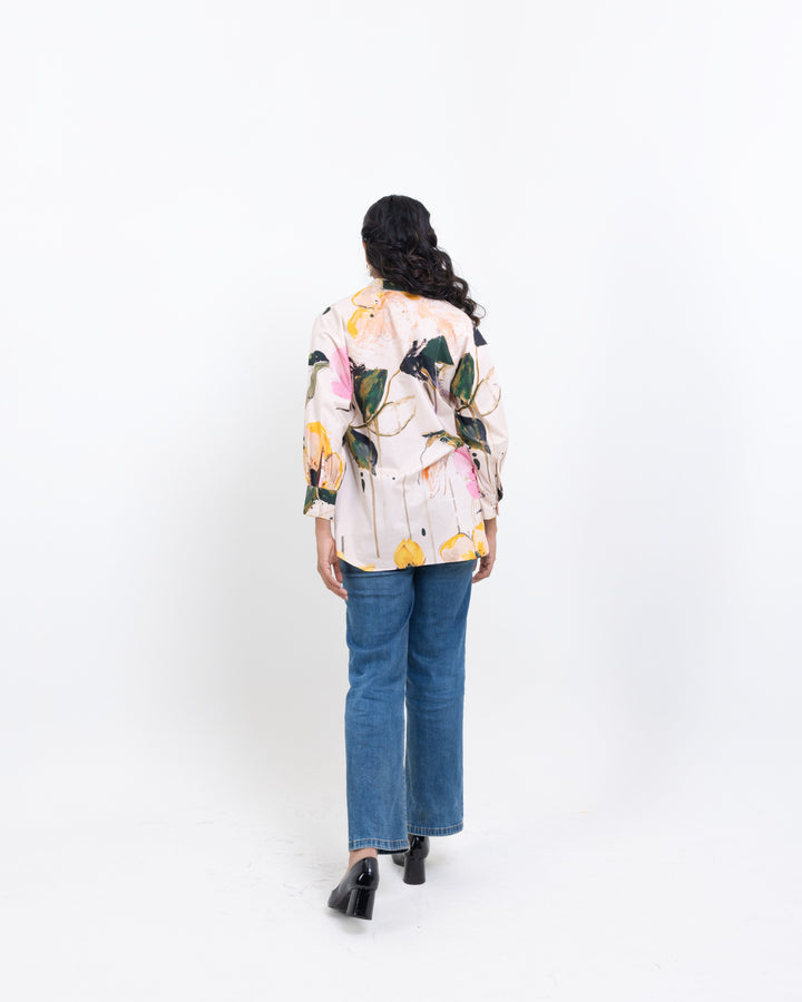 Artistic Floral Hand Printed Cotton Shirt – Multi-Colour Women’s Casual Shirt