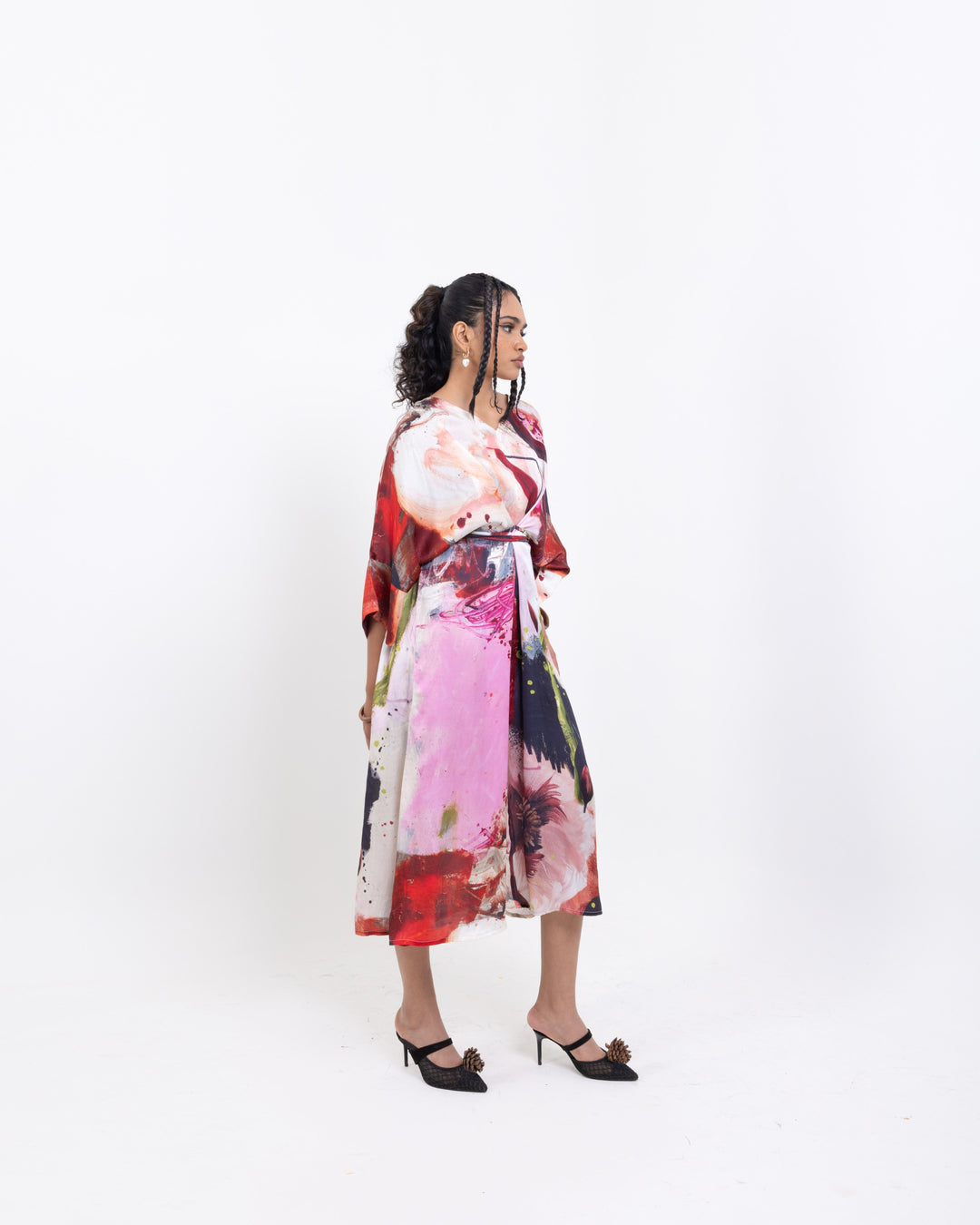 Elegant Abstract Art Kimono Dress – Red Vegan Silk Wrap Midi Dress