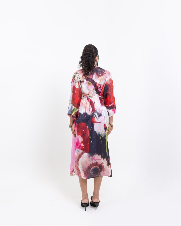 Elegant Abstract Art Kimono Dress – Red Vegan Silk Wrap Midi Dress