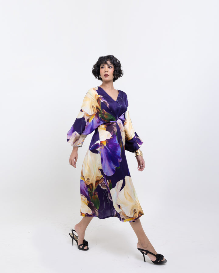 Elegant Midnight Bloom Wrap-Style Kimono Midi Dress – Purple Vegan Silk Floral Dress