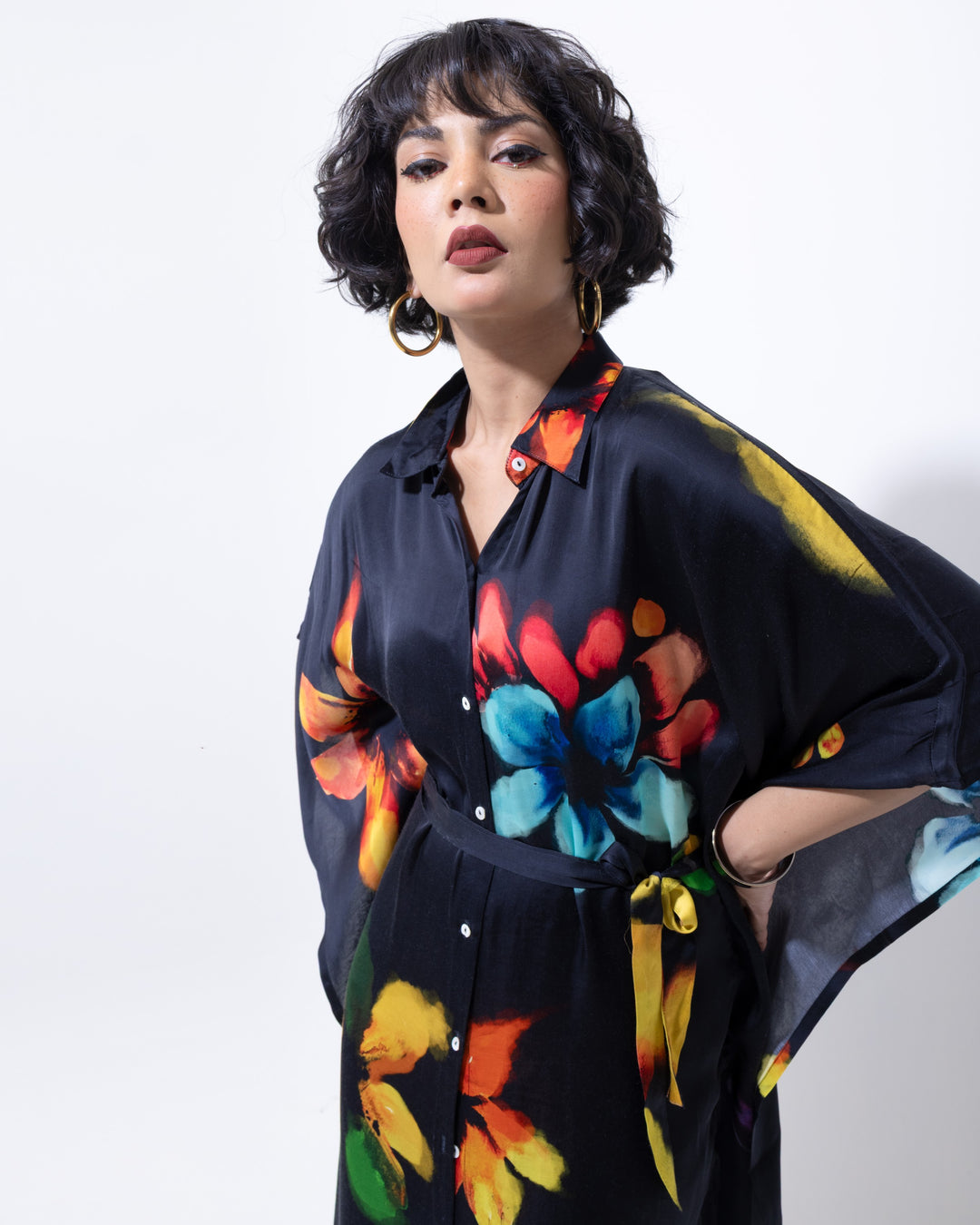 Abstract Floral Shirt Kaftan Dress – Black Vegan Silk Elegant Dress with Belt