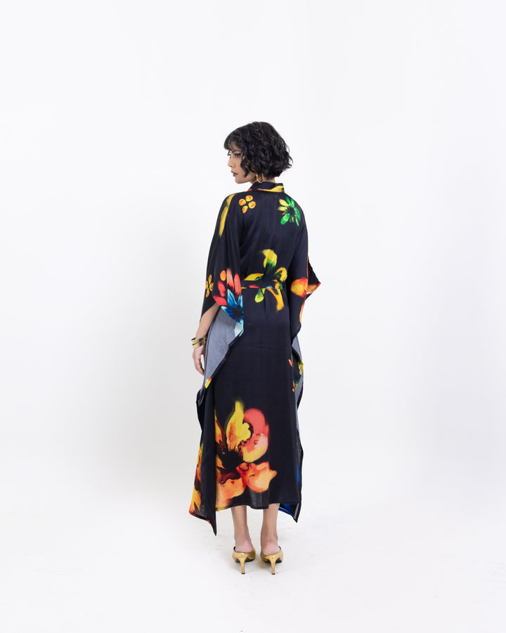Abstract Floral Shirt Kaftan Dress – Black Vegan Silk Elegant Dress with Belt