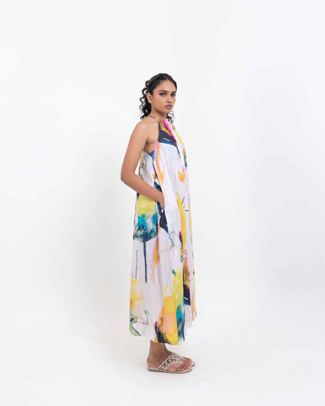 Midnight Bloom High-Neck Halter Maxi Dress – Black Vegan Silk Floral Elegance
