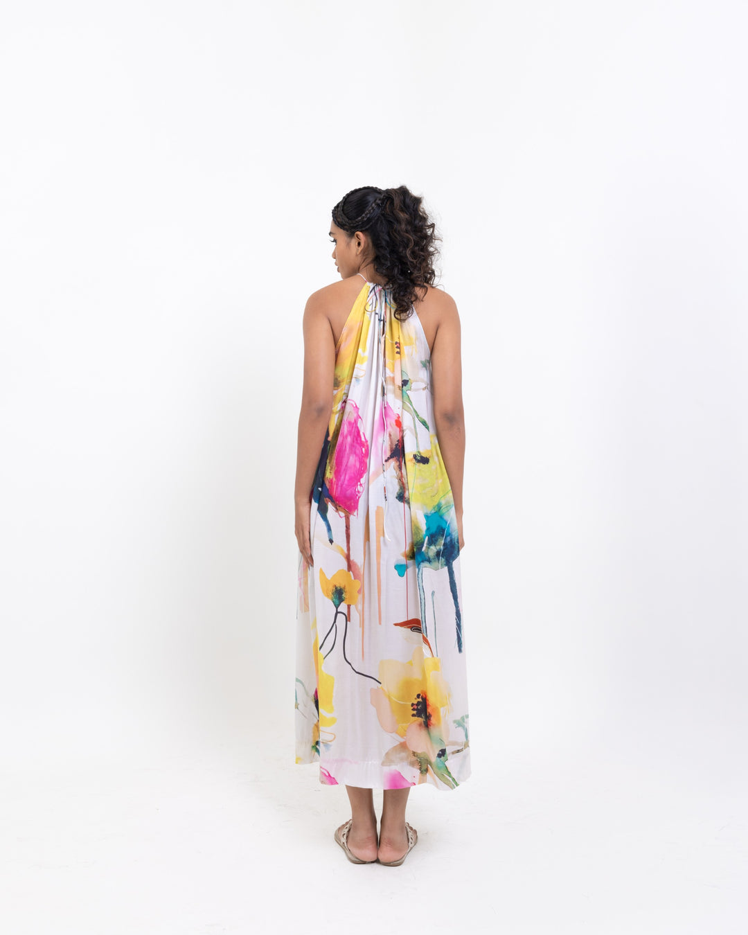 Midnight Bloom High-Neck Halter Maxi Dress – Black Vegan Silk Floral Elegance