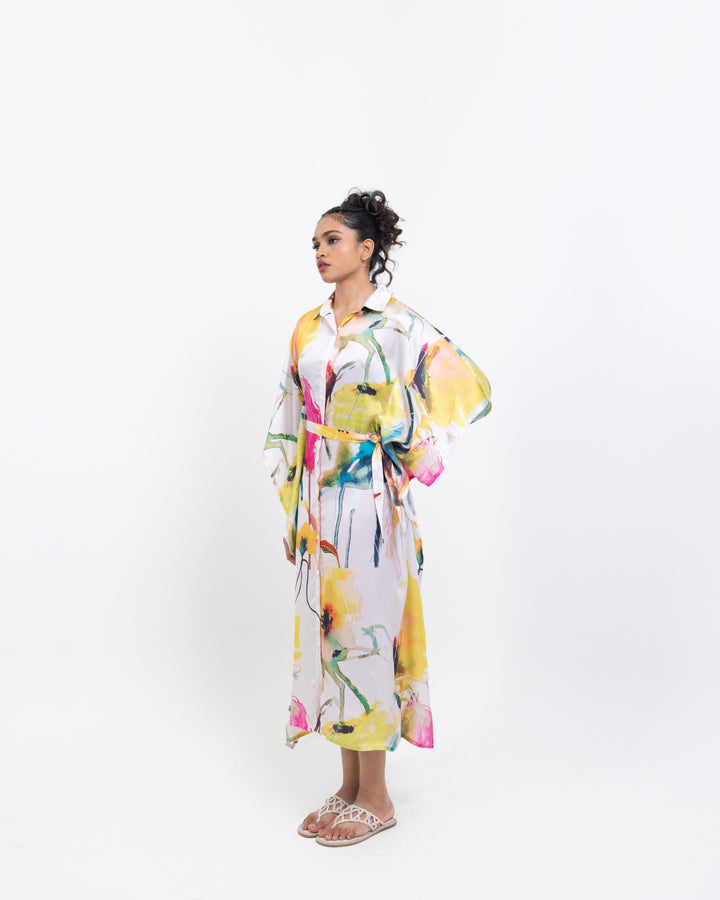 Elegant Black Floral Shirt Kaftan Dress – Multi-Colour Vegan Silk Maxi Dress with Belt