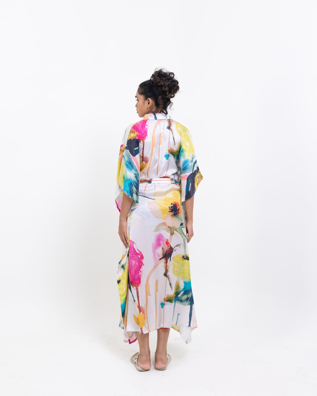 Elegant Black Floral Shirt Kaftan Dress – Multi-Colour Vegan Silk Maxi Dress with Belt