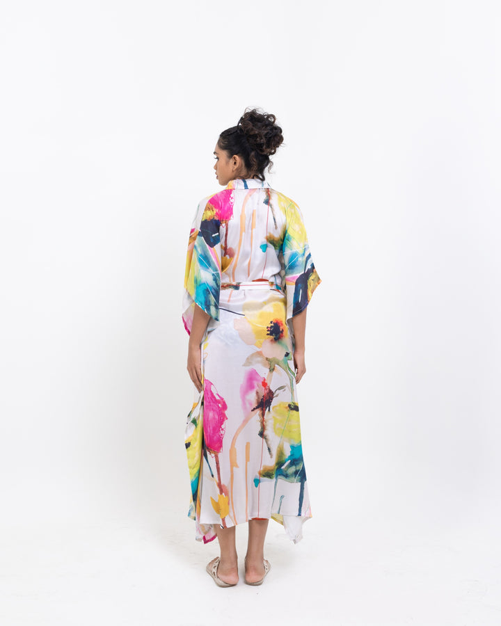 Elegant Black Floral Shirt Kaftan Dress – Multi-Colour Vegan Silk Maxi Dress with Belt