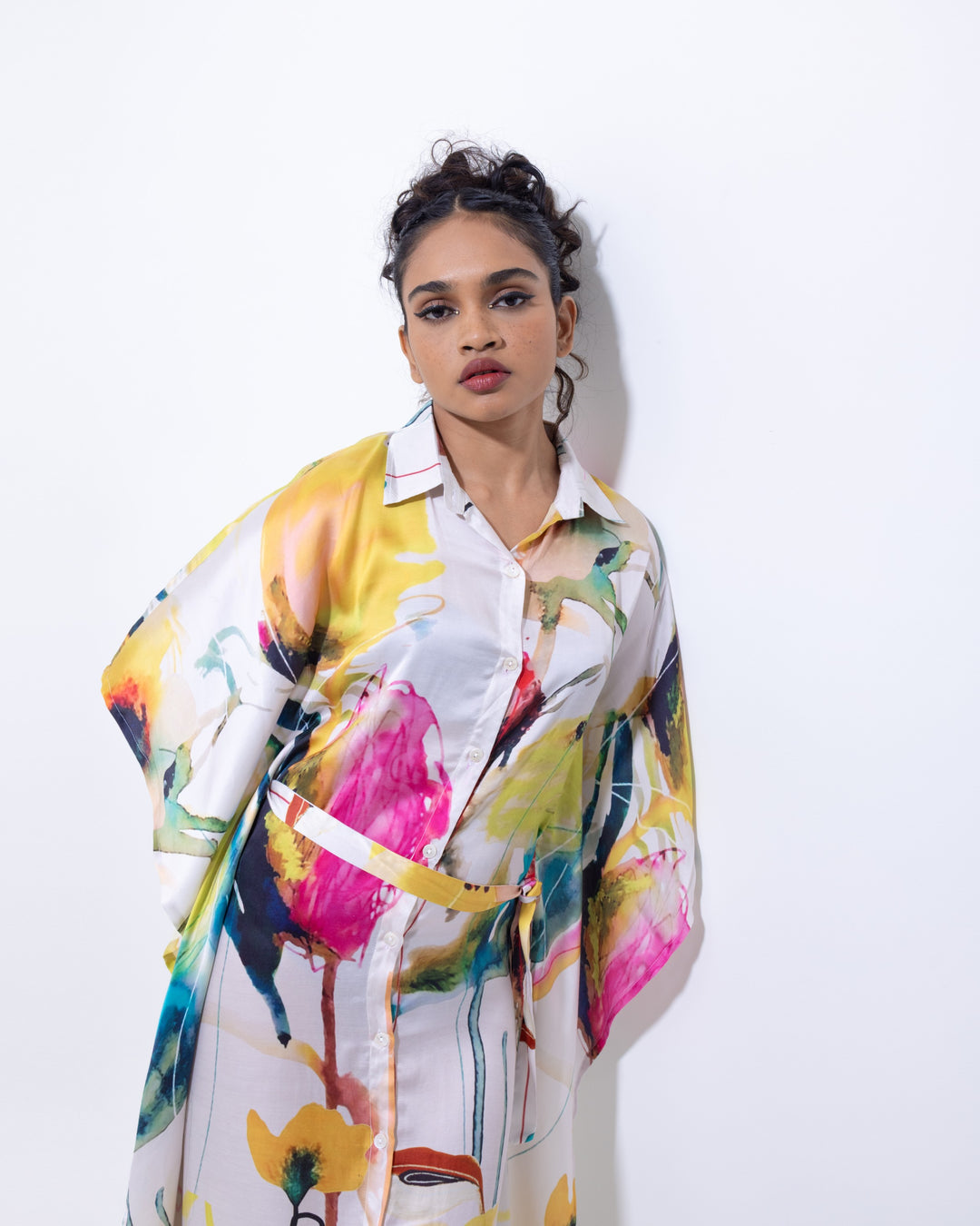 Elegant Black Floral Shirt Kaftan Dress – Multi-Colour Vegan Silk Maxi Dress with Belt