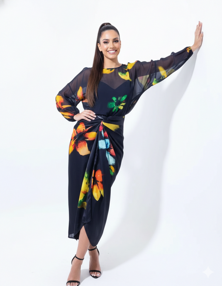 Black Floral Drape Skirt