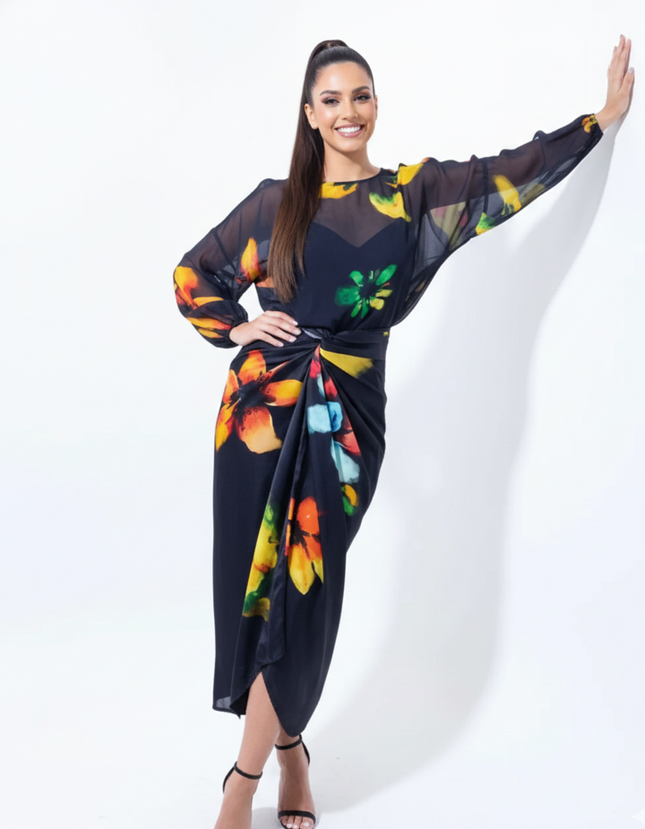 Black Floral Drape Skirt