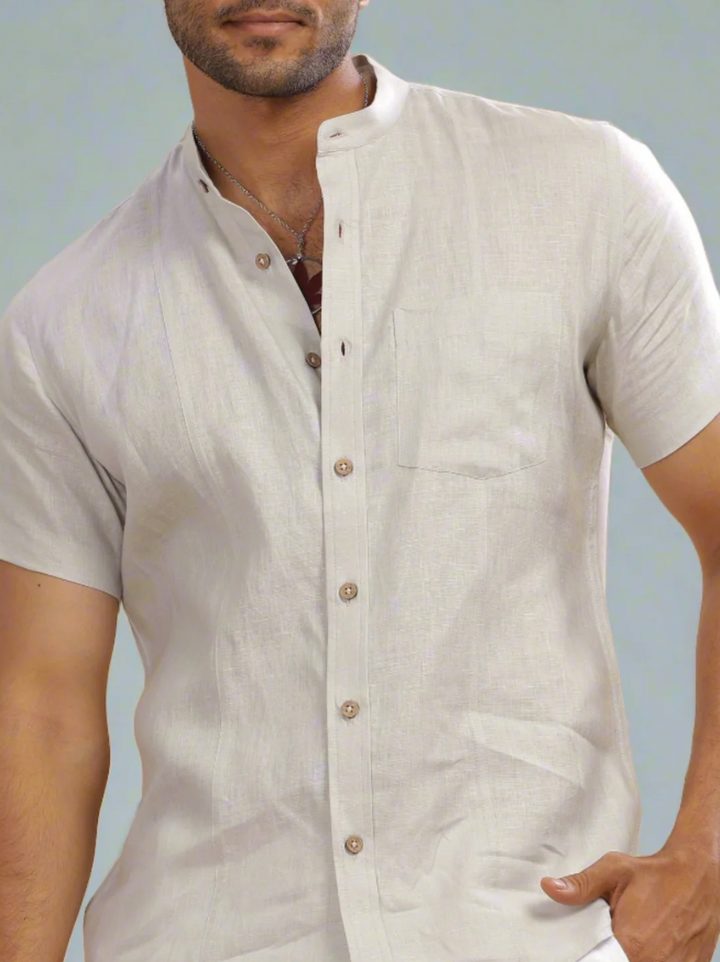 Trevor Light Grey Linen Shirt – Half Sleeve & Mandarin Collar