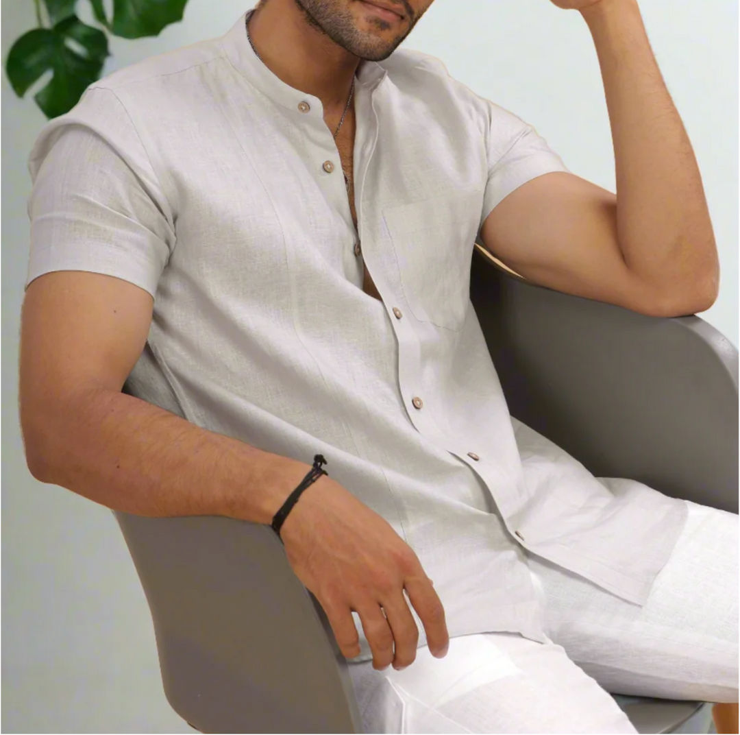 Trevor Light Grey Linen Shirt – Half Sleeve & Mandarin Collar