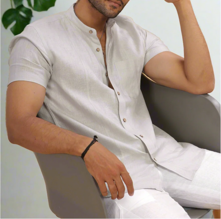 Trevor Light Grey Linen Shirt – Half Sleeve & Mandarin Collar