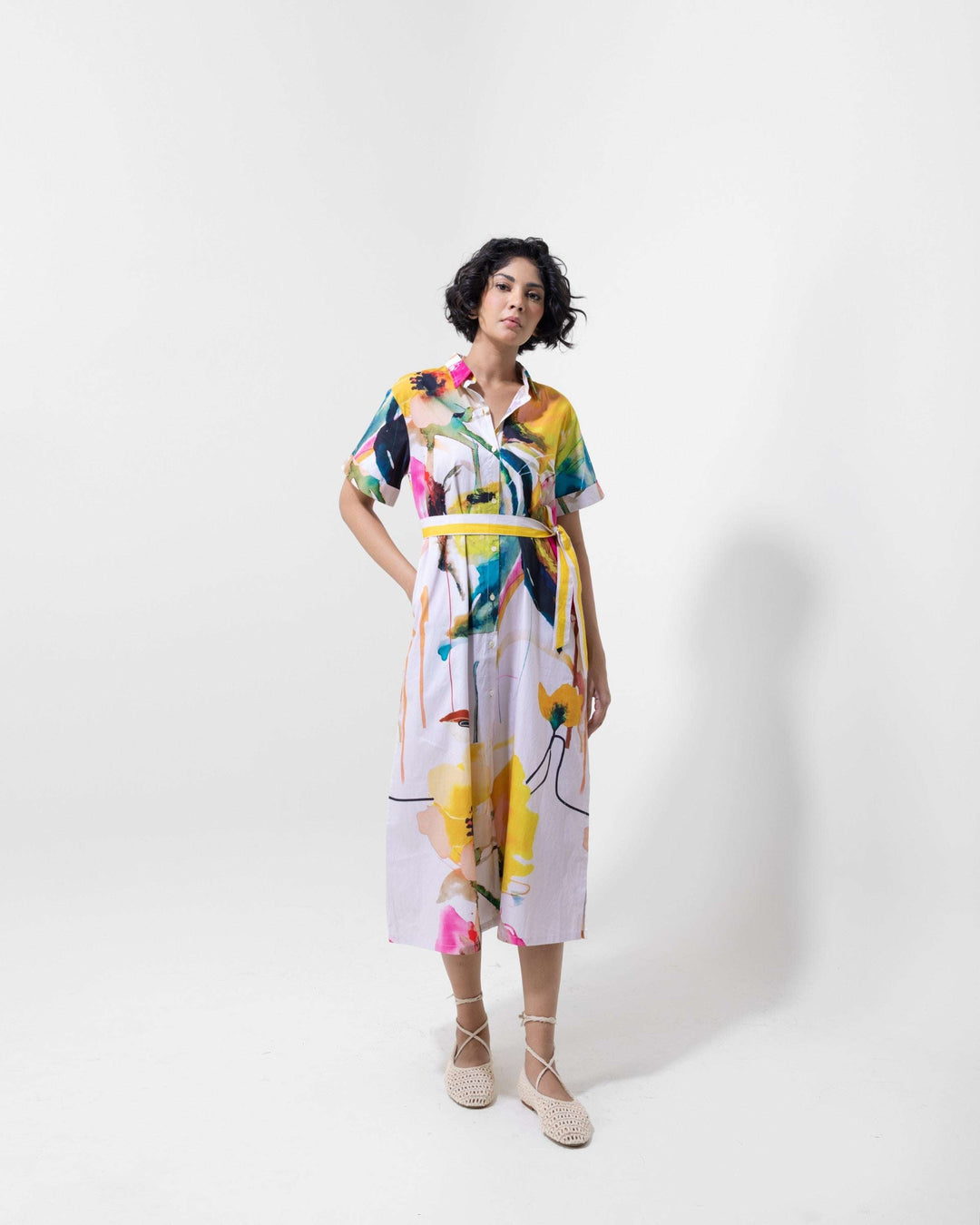 Abstract Art Cotton Midi Dress with Belt – Multi - Colour Elegant Halter Neck Dress - The Organico