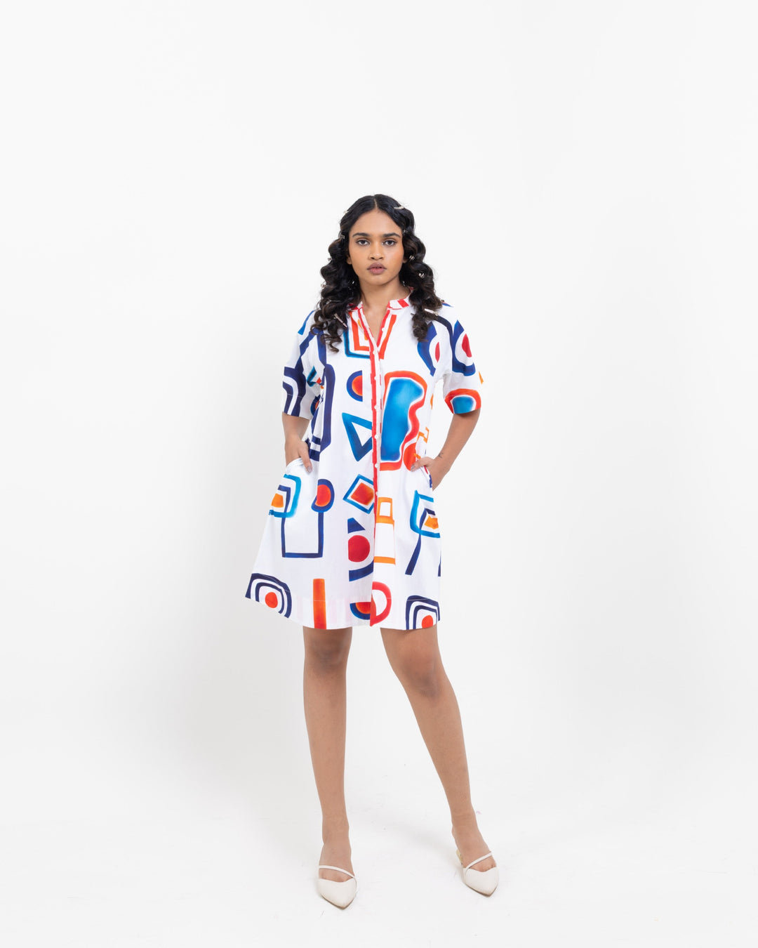 Abstract Art Cotton Shirt Dress – Multi - Colour Short Dress for Women - The Organico