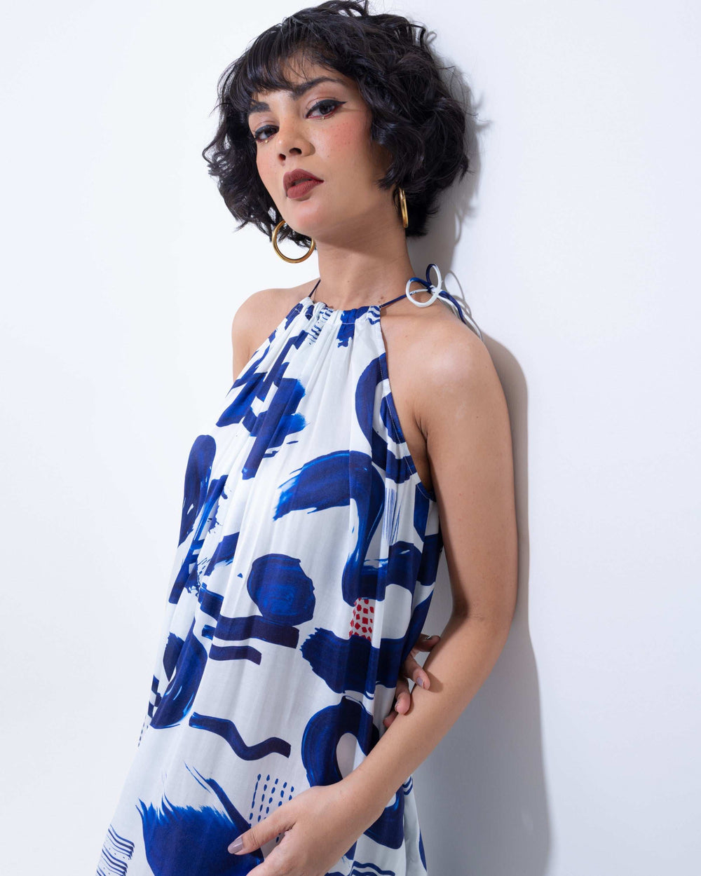 Abstract Elegance Halter Maxi Dress – Multi - Colour Vegan Silk Long Dress - The Organico