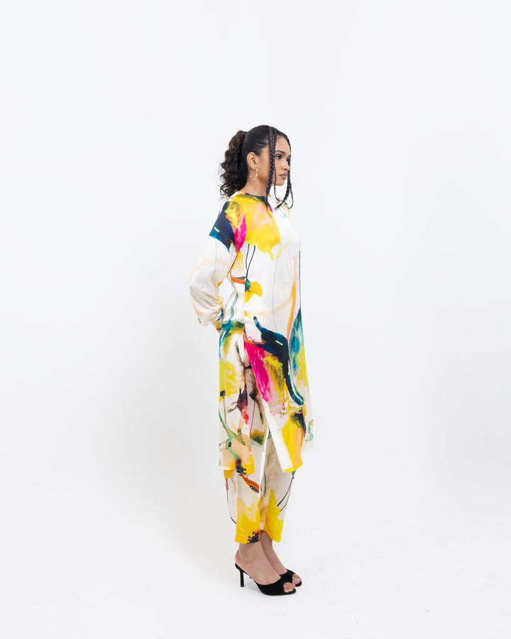 Abstract Elegant Vegan Silk Co Ord Set – Multi - Colour Embroidered Top & Skirt Set - The Organico