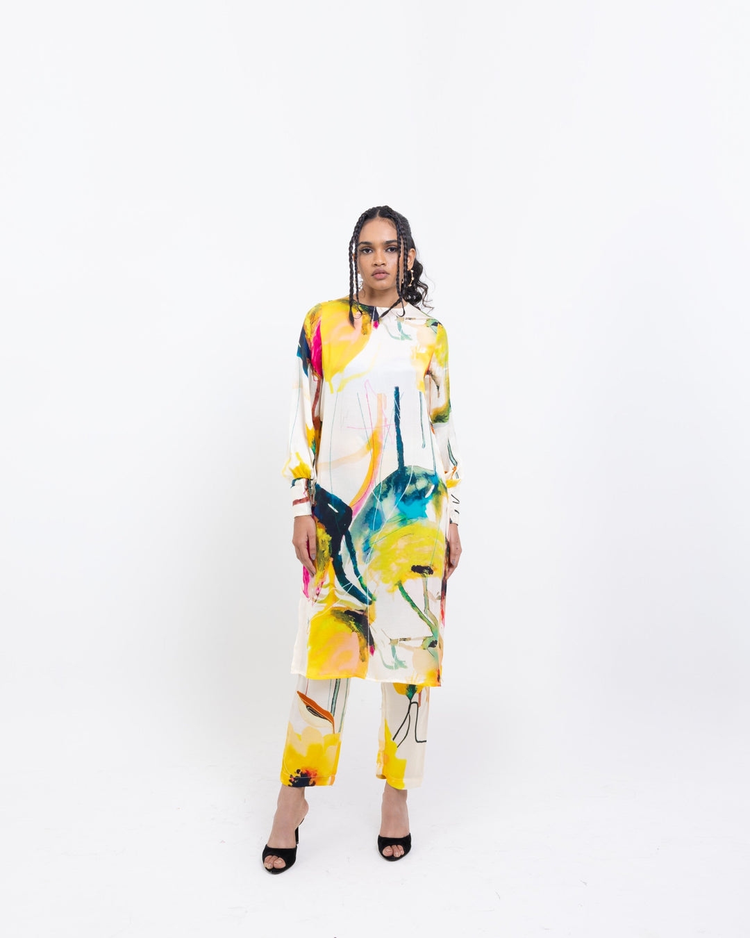 Abstract Elegant Vegan Silk Co Ord Set – Multi - Colour Embroidered Top & Skirt Set - The Organico