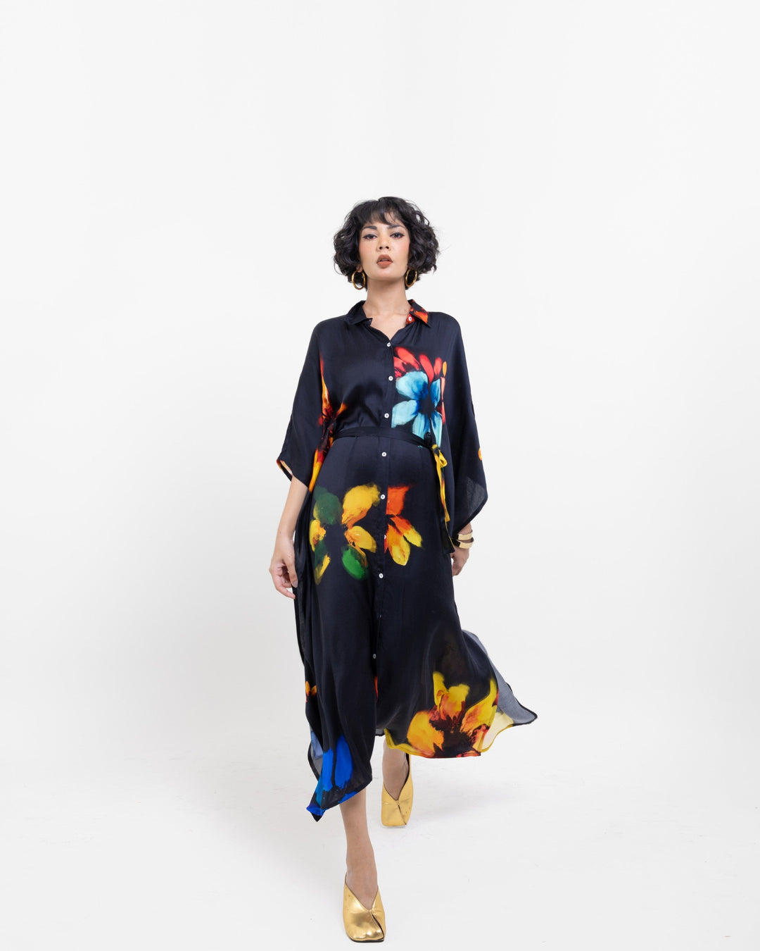 Abstract Floral Shirt Kaftan Dress – Black Vegan Silk Elegant Dress with Belt - The Organico