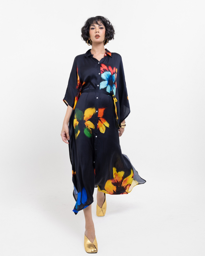 Black Abstract Floral Shirt Kaftan Dress