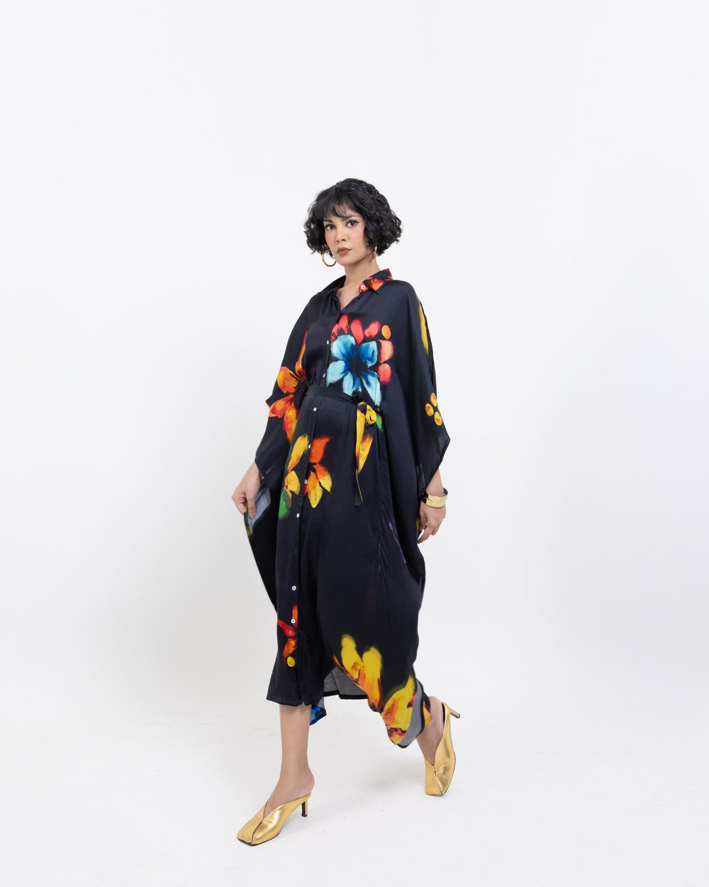 Abstract Floral Shirt Kaftan Dress – Black Vegan Silk Elegant Dress with Belt - The Organico