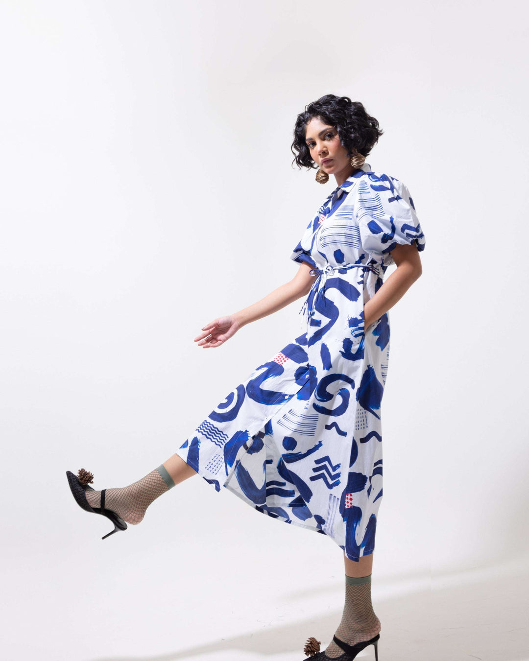 Abstract Indigo Cotton Shirt Dress – Indigo Blue Midi Dress for Women - The Organico