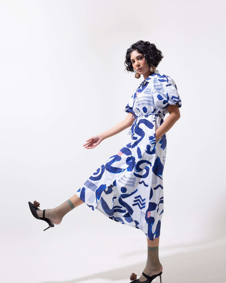 Abstract Indigo Cotton Shirt Dress – Indigo Blue Midi Dress for Women - The Organico