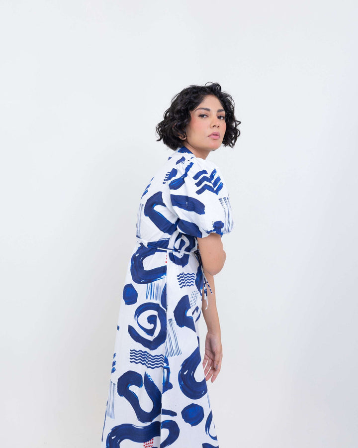 Abstract Indigo Cotton Shirt Dress – Indigo Blue Midi Dress for Women - The Organico