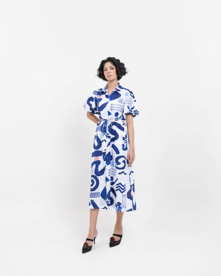 Abstract Indigo Cotton Shirt Dress – Indigo Blue Midi Dress for Women - The Organico