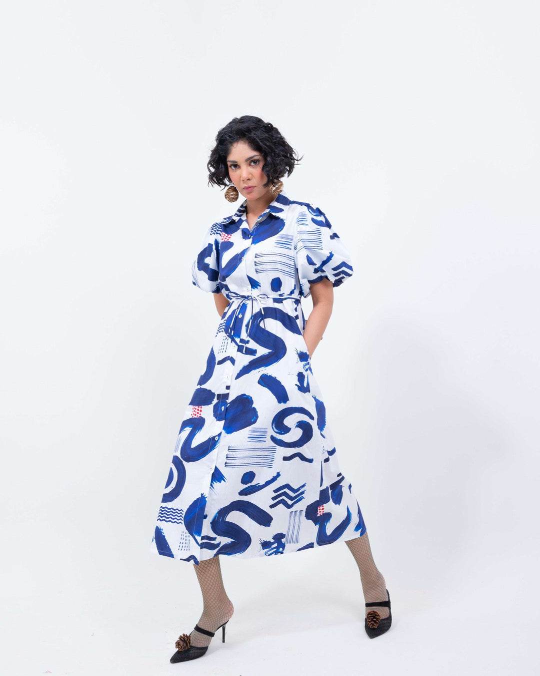 Indigo Abstract Shirt Dress – White Cotton Midi XL