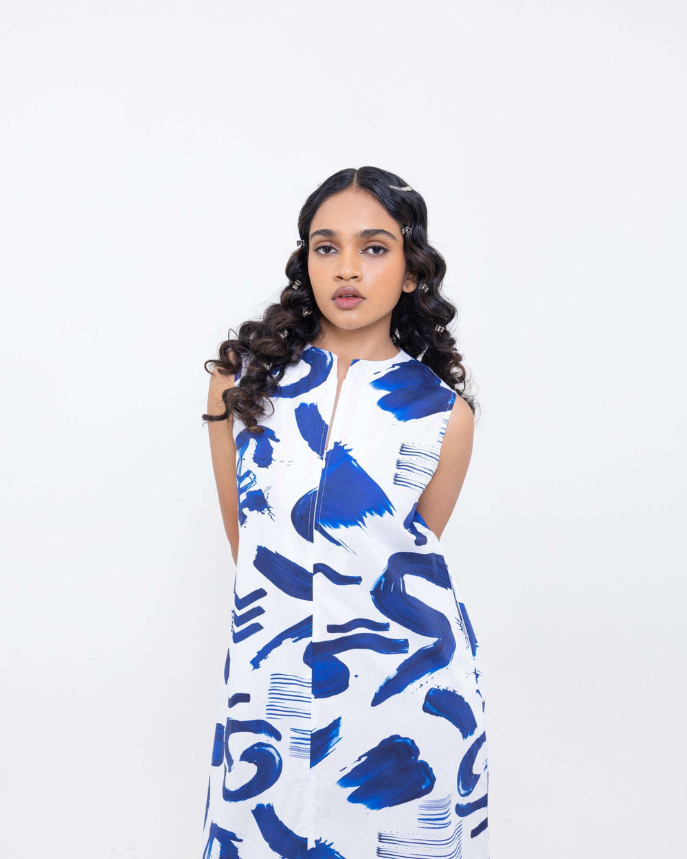 Abstract Indigo Sleeveless Cotton Dress – Short Indigo Blue Dress for Women - The Organico