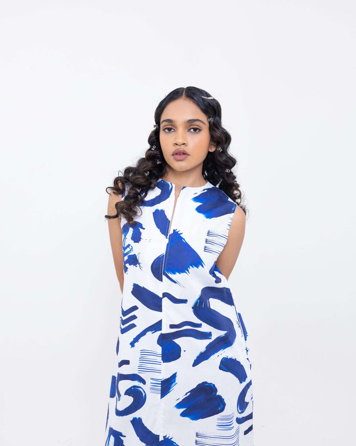 Abstract Indigo Sleeveless Cotton Dress – Short Indigo Blue Dress for Women - The Organico