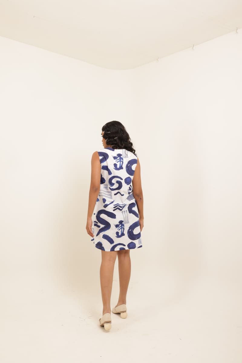 Abstract Indigo Sleeveless Cotton Dress – Short Indigo Blue Dress for Women - The Organico